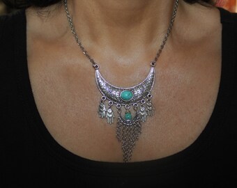 Handmade Tibetan Silver Hamsa Charm Necklace: Boho Evil Eye Protection