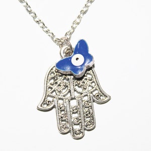 Hamsa charm necklace, Silver necklace, Judaica jewelry, hamsa charm, hamsa necklace, butterfly charm, evil eye charm necklace image 1