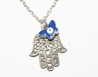 Hamsa charm necklace, Silver necklace, Judaica jewelry, hamsa charm, hamsa necklace, butterfly charm, evil eye charm necklace