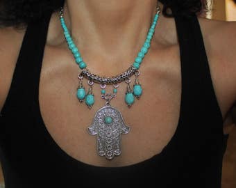 Tibetan Silver Hamsa Necklace: Boho Evil Eye Charm