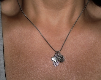 Hamsa necklace, Hamsa charm necklace, Evil eye necklace, rose charm, judaica jewelry, silver heart charm, silver hamsa