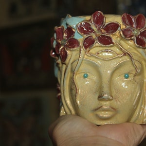 Handmade Decorated Stone Flower Pot: Unique Face Planter