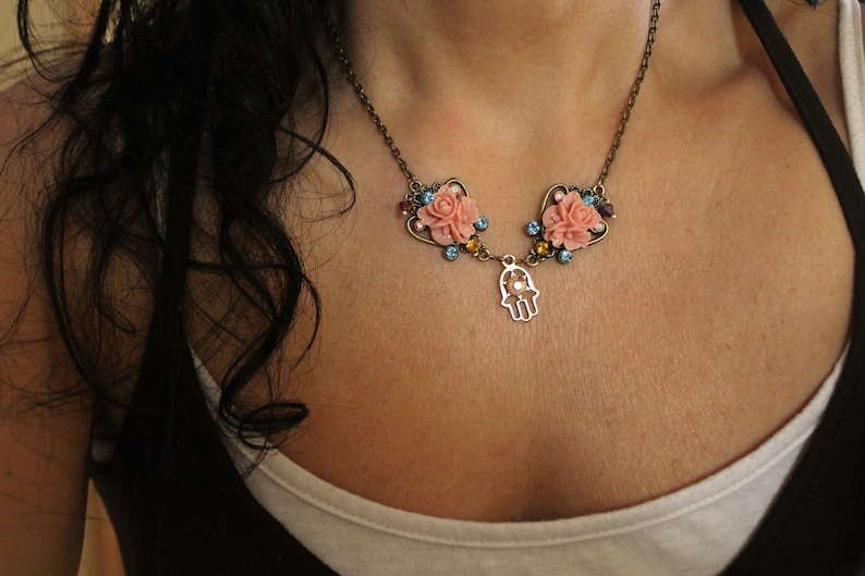 evil eye necklace filigree charm necklace hamsa charm Hamsa necklace flower charm necklace