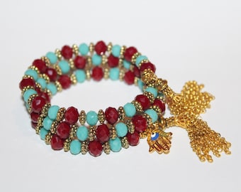 Pulsera de Hamsa con cuentas hecha a mano: amuleto de ojo malvado de cristal