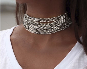 crystal choker, crystal necklace, gold choker, silver choker, Multiple layers Rhinestone Crystal Choker Necklace