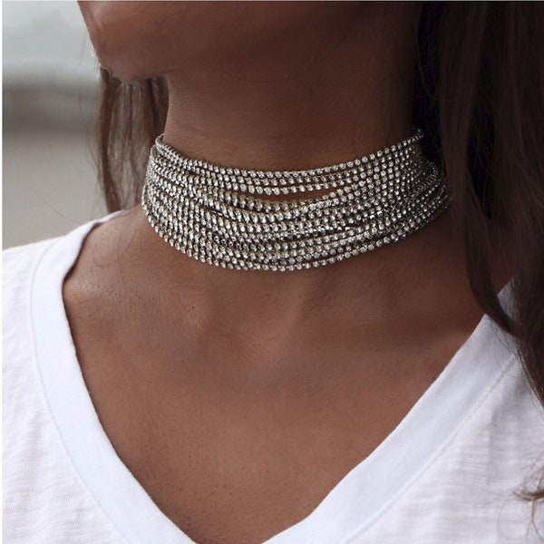 crystal choker, crystal necklace, gold choker, silver choker, Multiple layers Rhinestone Crystal Choker Necklace