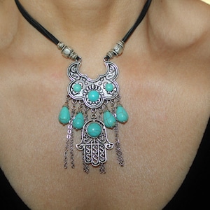 Hamsa necklace, Large silver Hamsa necklace, Silver hamsa charm, evil eye charm, evil eye necklace, turquoise hamsa, big hamsa charm