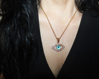 evil eye necklace, evil eye charm necklace, gold evil eye, large evil eye, evil eye