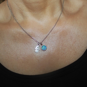 Hamsa necklace, opal necklace, evil eye jewelry, silver necklace, Hamsa charm necklace, silver hamsa, small hamsa, blue opal necklace