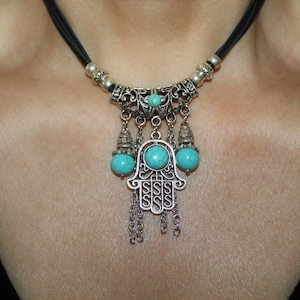 Hamsa necklace, Large silver Hamsa necklace, Silver hamsa charm, evil eye charm, evil eye necklace, turquoise hamsa, big hamsa charm