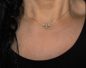 Gold Hamsa Necklace: Turquoise Bead Evil Eye Charm