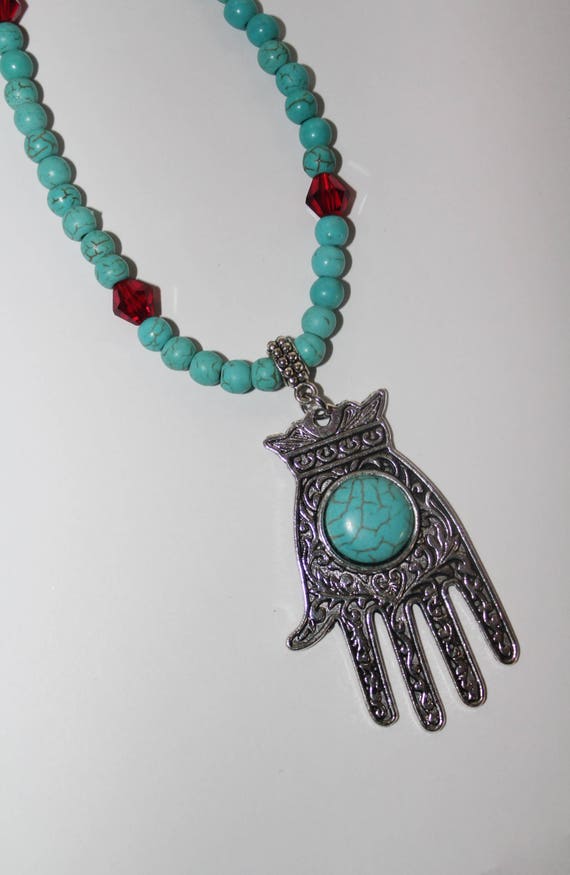 Handmade Tibetan Silver Hamsa Necklace: Turquoise Boho Charm