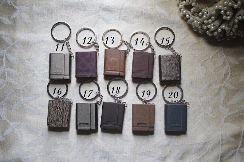 May include: Ten small leather keychains with silver rings and chains. The keychains are numbered 11 through 20.