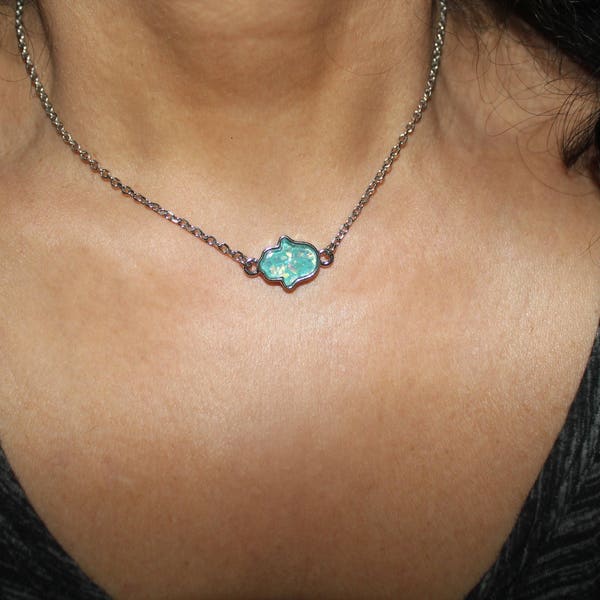 Opal Hamsa necklace, Opal Hamsa, blue opal Hamsa pendant, hamsa necklace