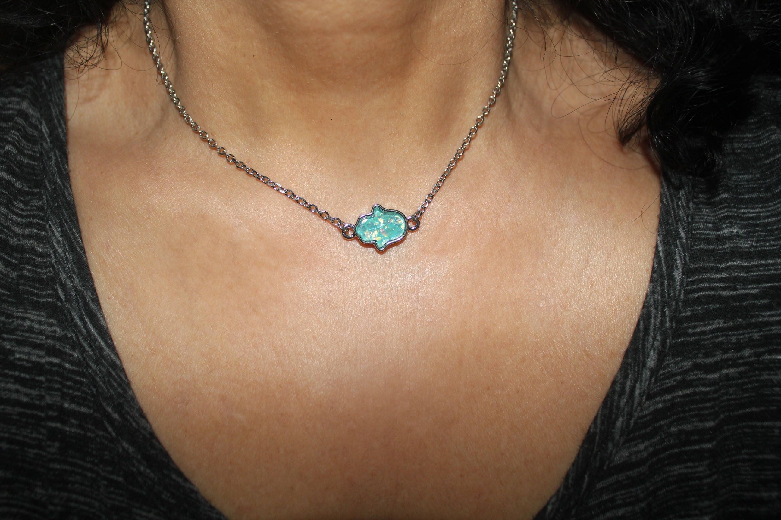 Blue Opal Hamsa Pendant Necklace: Stainless Steel Chain, image size:2592x1728
