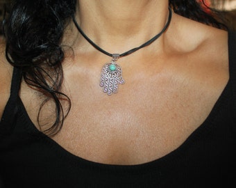 Hamsa Charm Necklace: Silver Evil Eye Pendant on Leather Cord