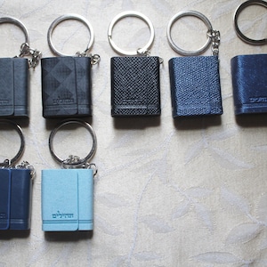 May include: Eight small leather-bound keychains with silver rings and chains. The keychains are in various shades of blue and black.