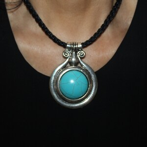 Turquoise charm necklace, silver necklace, leather choker