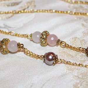 Brillenketting rozenkwarts: ketting glazen houder met kralen