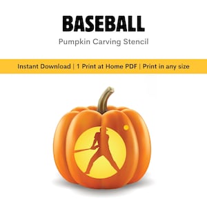 Puede incluir: Una calabaza naranja con la silueta de un jugador de béisbol tallada. La palabra "BASEBALL" se muestra encima de la calabaza, con "Pumpkin Carving Stencil" debajo. También está presente el texto "Descarga instantánea | 1 impresión en PDF en casa | Imprime en cualquier tamaño".