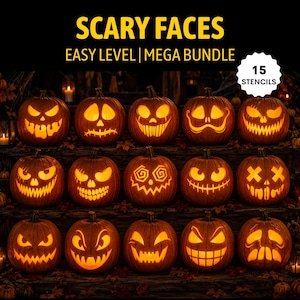 May include: A digital collection of 15 pumpkin carving stencils titled SCARY FACES EASY LEVEL MEGA BUNDLE. The image displays 15 orange pumpkins with various carved facial expressions illuminated from within, arranged in three rows of five.