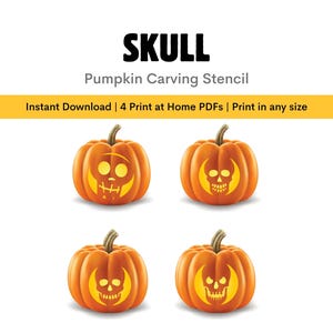 May include: Image features four orange pumpkins with carved skull designs. The pumpkins have green stems and are set against a white background. Text at the top reads "SKULL Pumpkin Carving Stencil". Below the text is a yellow banner with text.
