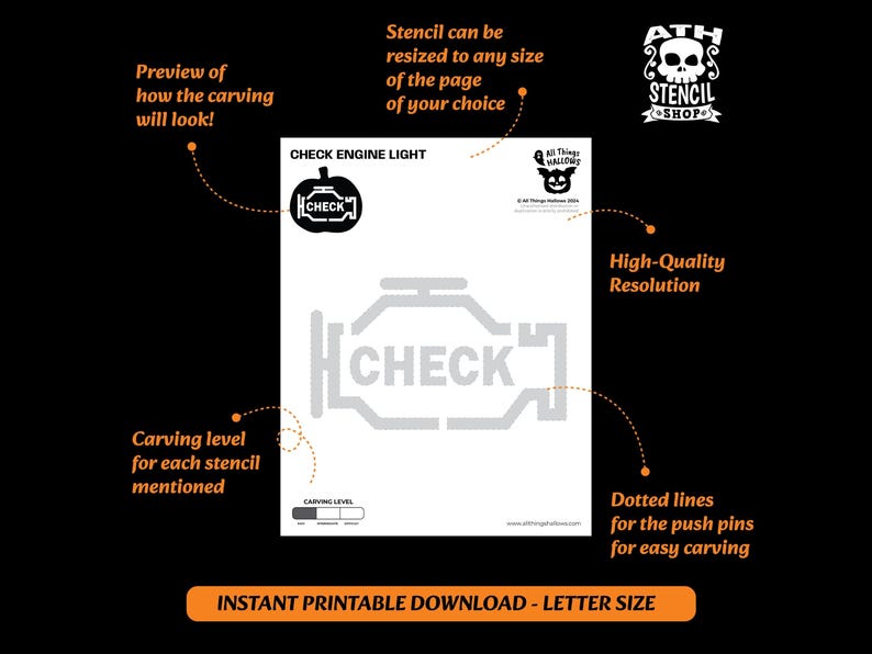 May include: A white printable stencil design with the words "CHECK ENGINE LIGHT" and a pumpkin graphic. The stencil includes the text "CHECK" inside an engine graphic. The image also includes the text "INSTANT PRINTABLE DOWNLOAD - LETTER SIZE".