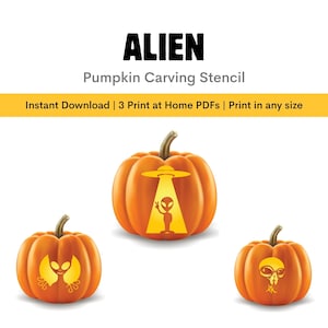 May include: Orange pumpkin carving stencils with alien designs. The image includes three pumpkins with different alien-themed cutouts, including a UFO and alien silhouette. The text "ALIEN" and "Pumpkin Carving Stencil" are displayed above the pumpkins.