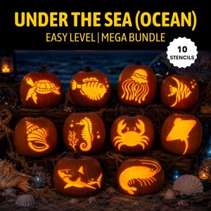 May include: A collection of ten orange pumpkins carved with sea creature designs including a sea turtle, fish, jellyfish, angelfish, seashell, seahorse, crab, stingray, shark, and shrimp. The text reads UNDER THE SEA (OCEAN) EASY LEVEL | MEGA BUNDLE.