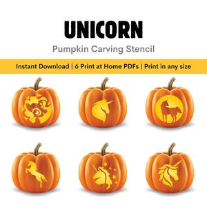 Pode incluir: Seis abóboras laranja com desenhos de unicórnios esculpidos. As abóboras apresentam várias silhuetas e padrões de unicórnios. A imagem inclui o texto "UNICORN Pumpkin Carving Stencil" e "Instant Download | 6 Print at Home PDFs | Print in any size."