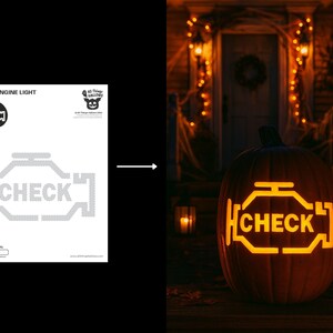 May include: A carved pumpkin with a glowing "CHECK ENGINE LIGHT" design for Halloween. The pumpkin is lit from within, displaying the word "CHECK" and the engine light symbol. The background shows a decorated house.