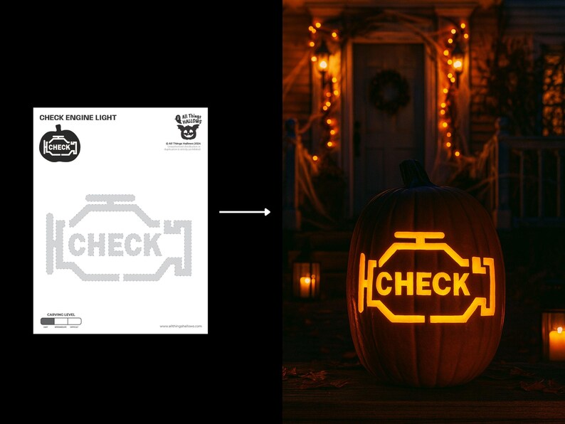 May include: A carved pumpkin with a glowing "CHECK ENGINE LIGHT" design for Halloween. The pumpkin is lit from within, displaying the word "CHECK" and the engine light symbol. The background shows a decorated house.