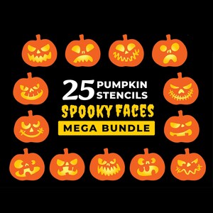 Op de afbeelding: Zwarte achtergrond met oranje pompoensjablonen. De afbeelding toont 12 oranje pompoengezichten met verschillende uitdrukkingen. Tekst luidt "25 Pompoensjablonen Spooky Faces Mega Bundle."