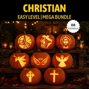 Paquete de plantillas cristianas para tallar calabazas: 8 plantillas imprimibles con diseños religiosos de Halloween (descarga instantánea)