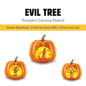 May include: Three orange pumpkins with brown stems are displayed against a white background. Each pumpkin features a yellow circle with a black evil tree design, perfect for Halloween carving. The text "EVIL TREE Pumpkin Carving Stencil" is at the top.