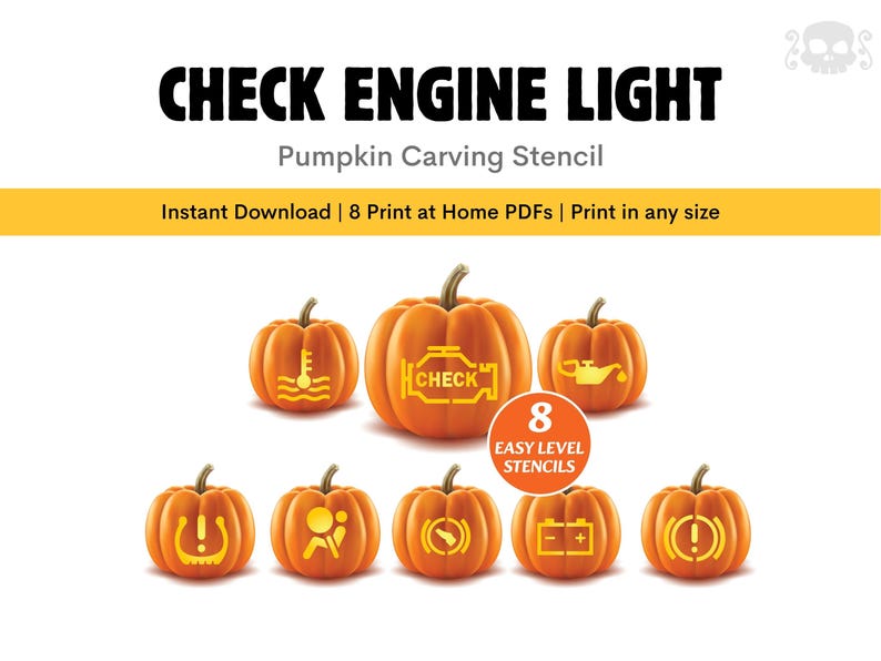 May include: Digital download of pumpkin carving stencils with car dashboard warning light designs. The image includes the text "CHECK ENGINE LIGHT" and "Pumpkin Carving Stencil". There are 8 easy level stencils.