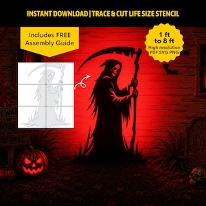 May include: A digital stencil file for a grim reaper silhouette, featuring a hooded figure holding a scythe. The image includes text: INSTANT DOWNLOAD | TRACE & CUT LIFE SIZE STENCIL, Includes FREE Assembly Guide, and 1 ft to 8 ft High resolution PDF SVG PNG.
