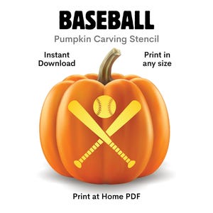 May include: A digital pumpkin carving stencil featuring the text BASEBALL Pumpkin Carving Stencil, Instant Download, Print in any size, and Print at Home PDF. The graphic shows an orange pumpkin with a yellow baseball and crossed bats.