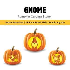 May include: A digital image featuring three orange pumpkins with carved gnome designs. The text "GNOME Pumpkin Carving Stencil" is at the top. The pumpkins have different gnome and fall-themed designs. The image also includes the text "Instant Download | 3 Print at Home PDFs | Print in any size".