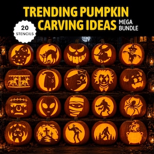 Op de afbeelding: Een digitale collectie van 20 pompoen snijmallen met diverse Halloween ontwerpen zoals geesten, katten, monsters en heksen. De tekst luidt Trending Pumpkin Carving Ideas Mega Bundle en 20 Stencils, weergegeven op een zwarte achtergrond.