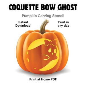 May include: An orange pumpkin with a yellow stencil design of a ghost wearing a bow. The text reads COQUETTE BOW GHOST, Pumpkin Carving Stencil, Instant Download, Print in any size, and Print at Home PDF. The design features a ghost silhouette.