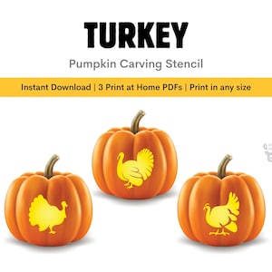 May include: Three orange pumpkins with a turkey stencil design. The pumpkins have green stems and are set against a white background. The text "TURKEY Pumpkin Carving Stencil" is at the top.