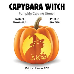 May include: An orange pumpkin with a carved design of a capybara wearing a witch hat next to a small jack-o'-lantern. Text reads: CAPYBARA WITCH, Pumpkin Carving Stencil, Instant Download, Print in any size, Print at Home PDF.