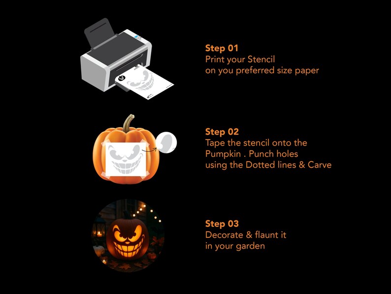 May include: A guide to carving a Halloween pumpkin. The image shows a printer, a pumpkin with a stencil, and a carved pumpkin. Text includes instructions: Print stencil, tape to pumpkin, punch holes, carve, and decorate your garden.