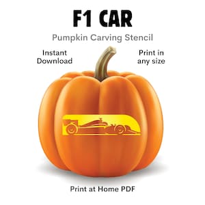 Puede incluir: Una calabaza naranja con tallo verde que presenta una silueta amarilla de un coche de carreras de Fórmula 1. El texto dice F1 CAR, Pumpkin Carving Stencil, Instant Download, Print in any size y Print at Home PDF sobre la calabaza.