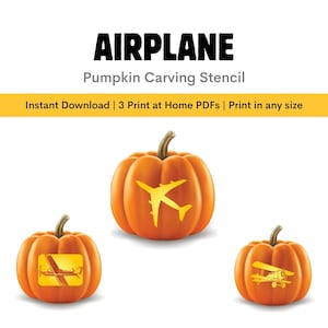 Puede incluir: Tres calabazas naranjas con diseños de aviones para tallar. El texto "AIRPLANE Pumpkin Carving Stencil" está en la parte superior. La imagen también incluye el texto "Instant Download | 3 Print at Home PDFs | Print in any size."