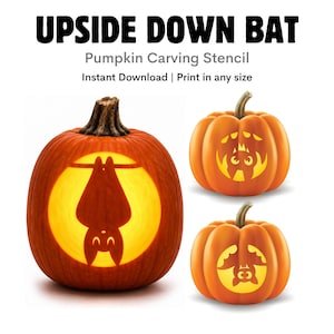 May include: A digital pumpkin carving stencil titled UPSIDE DOWN BAT. The image displays three orange pumpkins, each featuring a glowing cutout design of a bat hanging upside down within a circular frame against a bright yellow background.