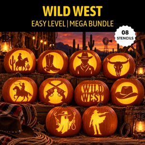 May include: A Wild West mega bundle of 08 stencils featuring ten carved pumpkins with illuminated designs including a cowboy on horseback, a boot, a sheriff, a bull skull, crossed revolvers, the text Wild West, a hat, a ghost, and a gunslinger.