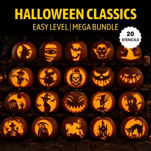 Pode incluir: Um gráfico digital intitulado HALLOWEEN CLASSICS EASY LEVEL | MEGA BUNDLE com 20 estênceis. A imagem exibe uma grade de 20 abóboras laranja, cada uma esculpida com um design de silhueta preta único, incluindo bruxa, múmia, morcego e fantasma.