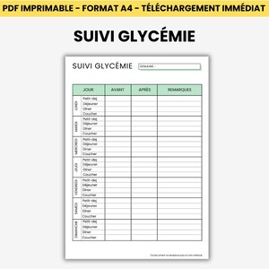 Può includere: Un documento PDF A4 stampabile con il titolo "SUIVI GLYCÉMIE" in grassetto. Il documento è una tabella di monitoraggio settimanale della glicemia con colonne per "GIORNO", "PRIMA", "DOPO" e "NOTE". Include spazi per registrare i livelli di zucchero nel sangue.